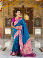 Vedant Vastram Soft Litchi Silk Paithani Jacquard Saree - Firozi | Grocsy