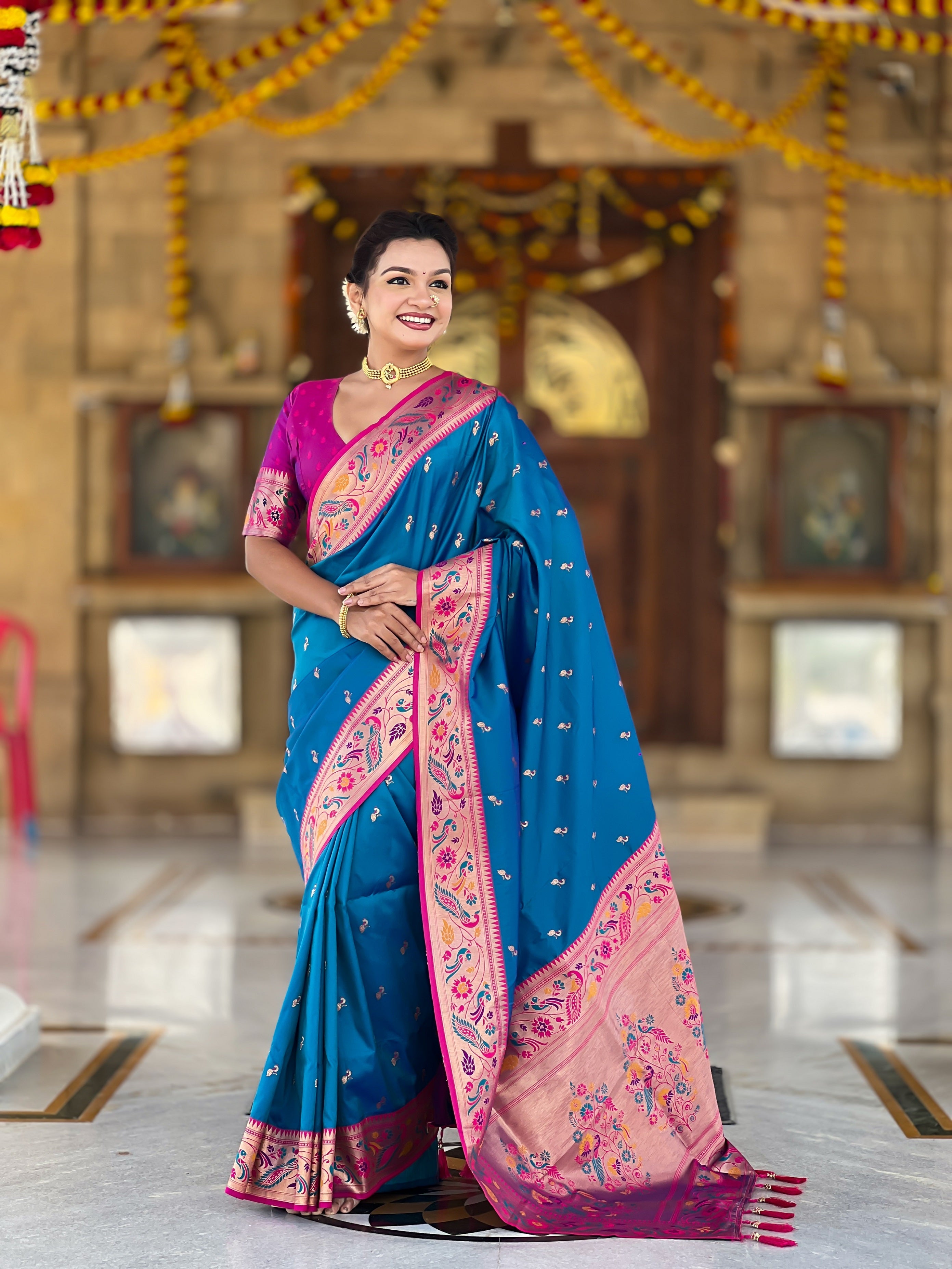 Vedant Vastram Soft Litchi Silk Paithani Jacquard Saree - Firozi | Grocsy