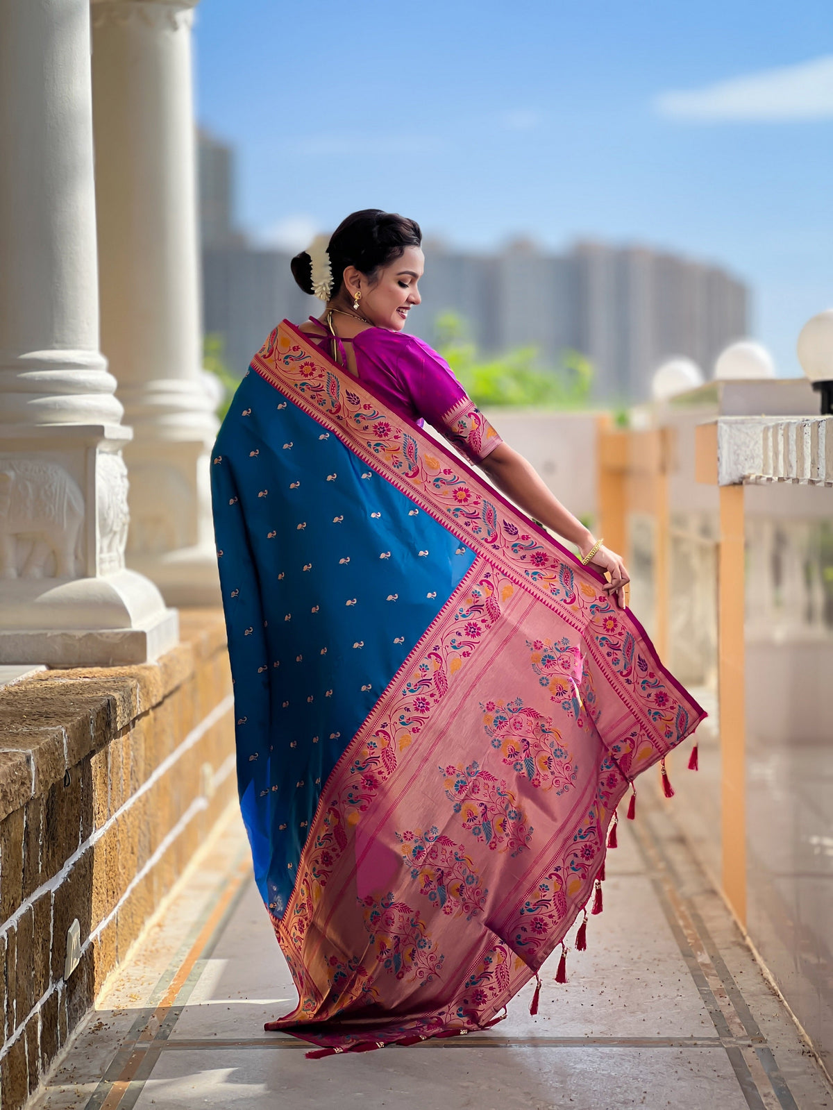 Vedant Vastram Soft Litchi Silk Paithani Jacquard Saree - Firozi | Grocsy