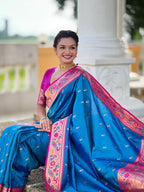 Vedant Vastram Soft Litchi Silk Paithani Jacquard Saree - Firozi | Grocsy
