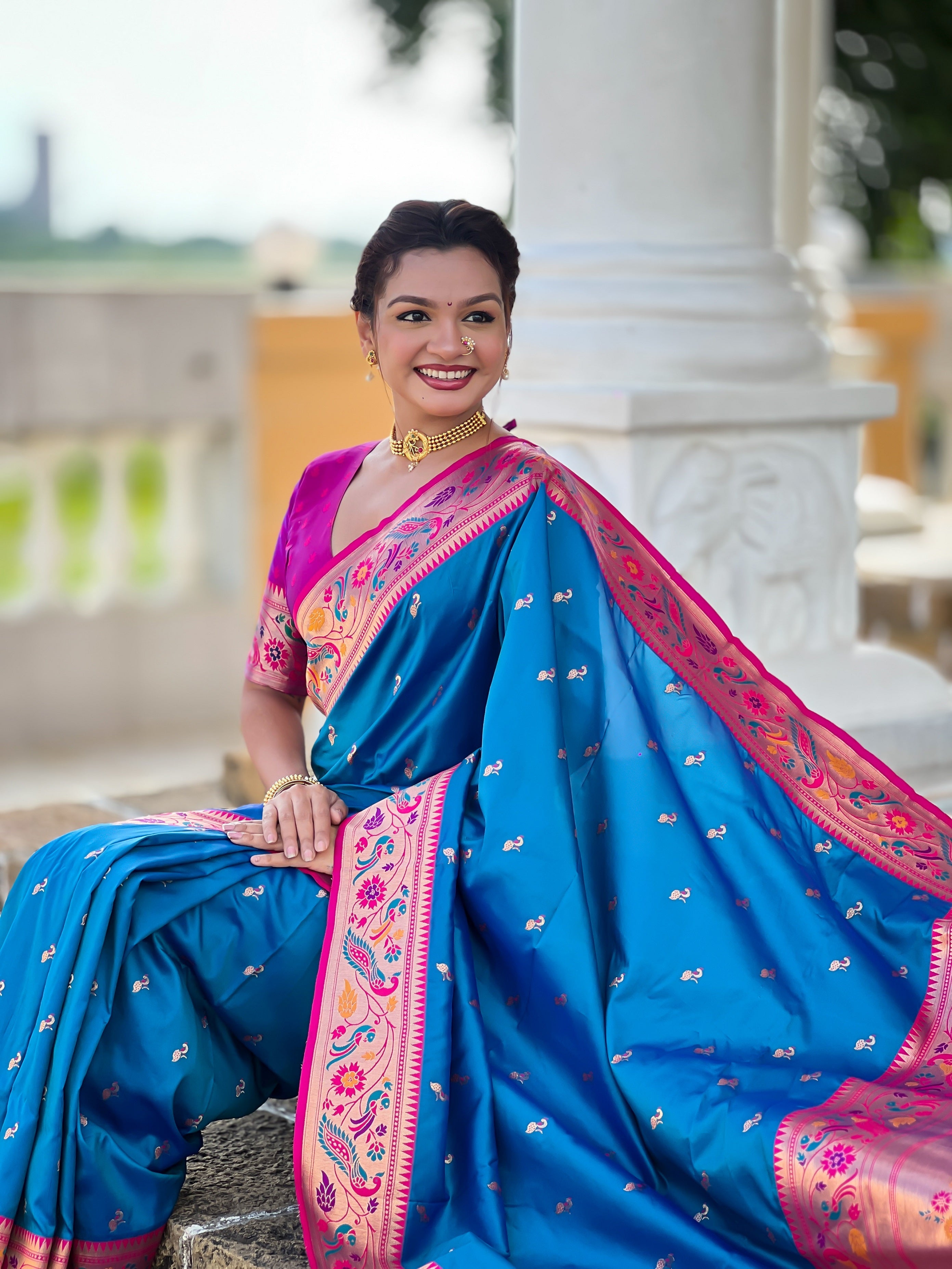 Vedant Vastram Soft Litchi Silk Paithani Jacquard Saree - Firozi | Grocsy