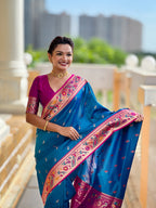 Vedant Vastram Soft Litchi Silk Paithani Jacquard Saree - Firozi | Grocsy