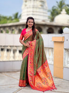 Vedant Vastram Soft Litchi Silk Paithani Jacquard Saree - Mahendi | Grocsy