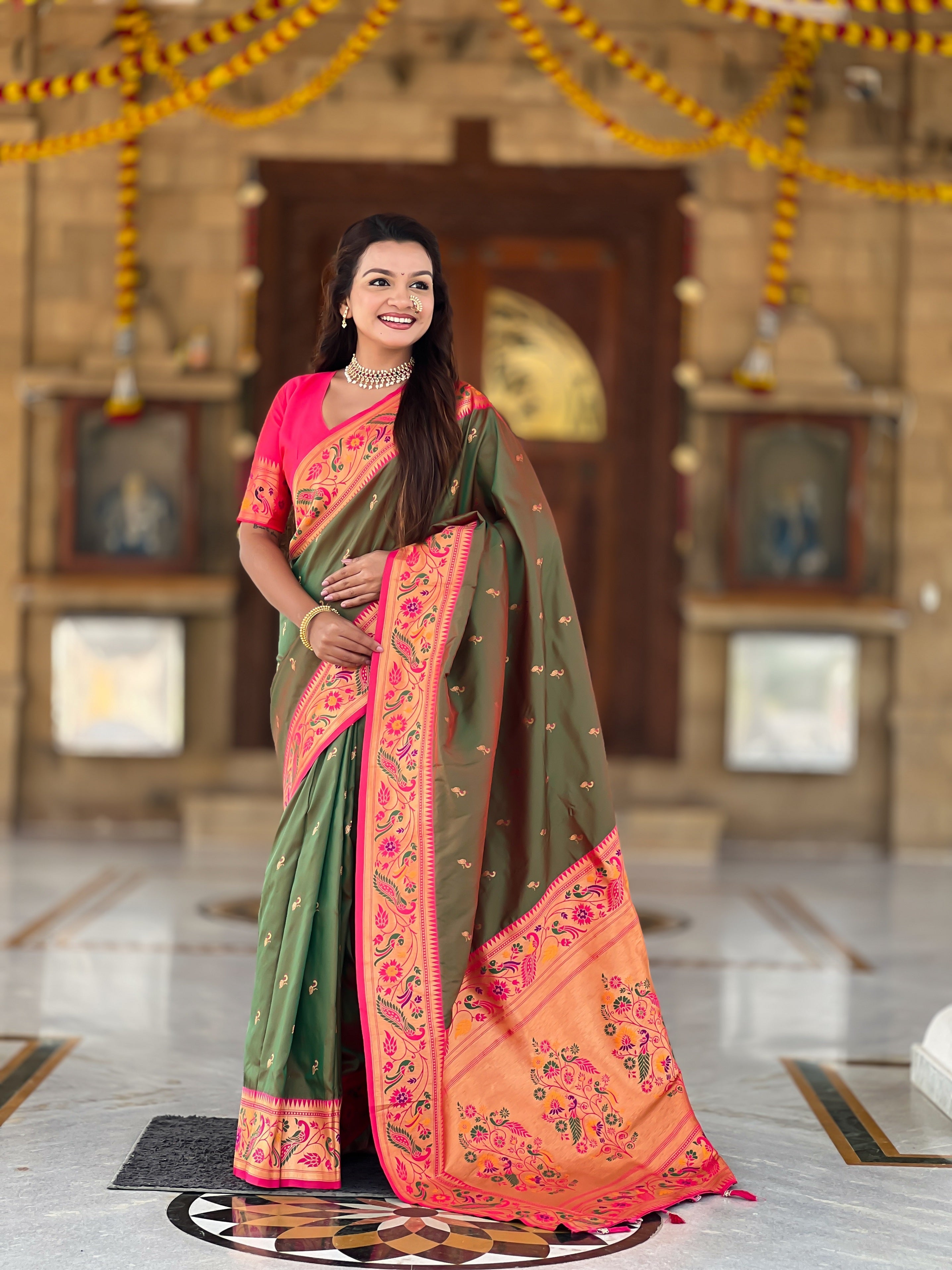 Vedant Vastram Soft Litchi Silk Paithani Jacquard Saree - Mahendi | Grocsy