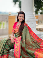 Vedant Vastram Soft Litchi Silk Paithani Jacquard Saree - Mahendi | Grocsy
