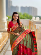 Vedant Vastram Soft Litchi Silk Paithani Jacquard Saree - Mahendi | Grocsy