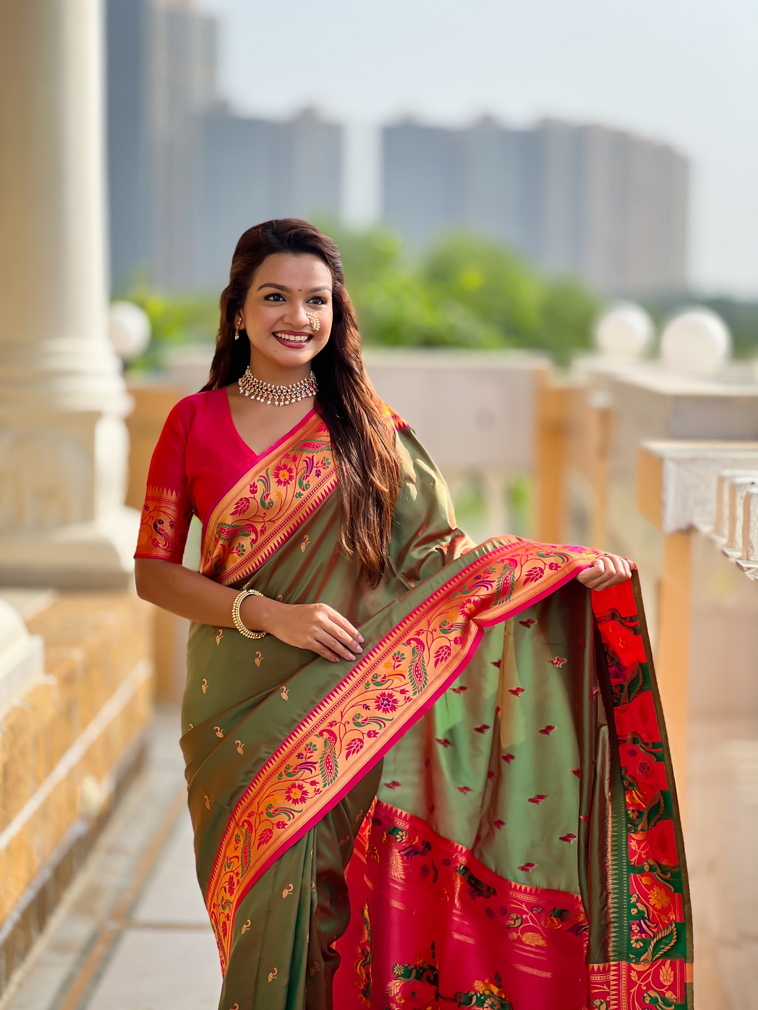 Vedant Vastram Soft Litchi Silk Paithani Jacquard Saree - Mahendi | Grocsy