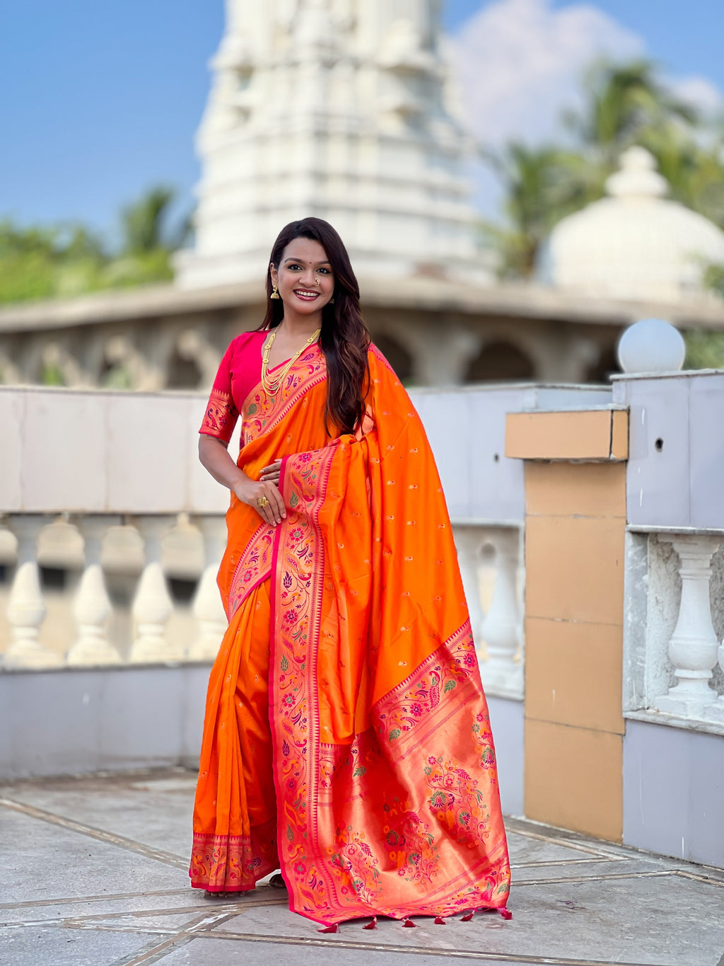 Vedant Vastram Soft Litchi Silk Paithani Jacquard Saree - Orange | Grocsy