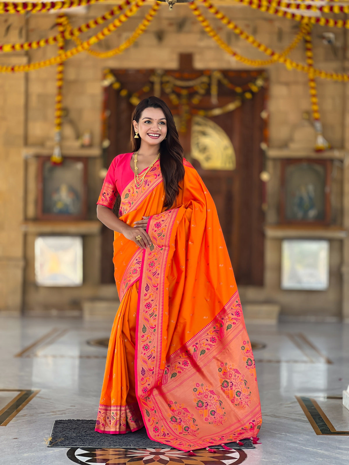 Vedant Vastram Soft Litchi Silk Paithani Jacquard Saree - Orange | Grocsy