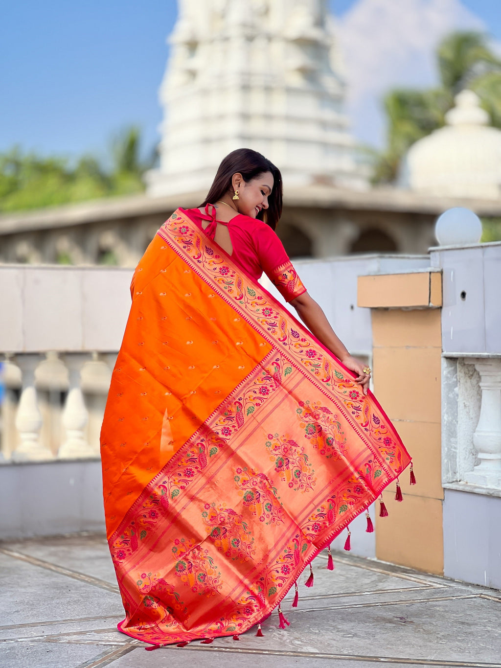Vedant Vastram Soft Litchi Silk Paithani Jacquard Saree - Orange | Grocsy