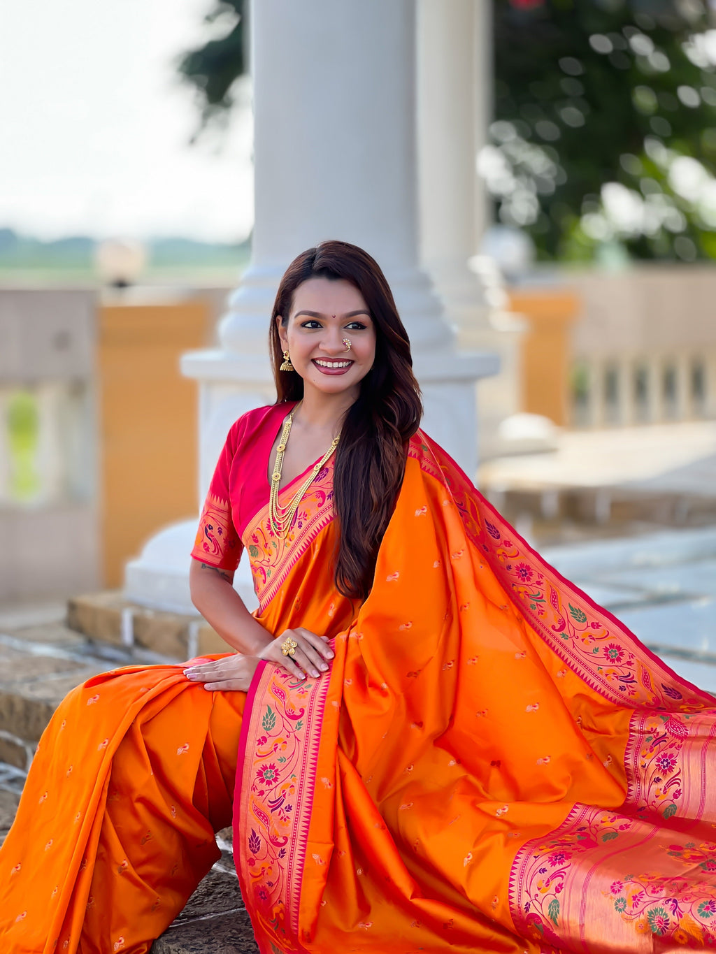 Vedant Vastram Soft Litchi Silk Paithani Jacquard Saree - Orange | Grocsy