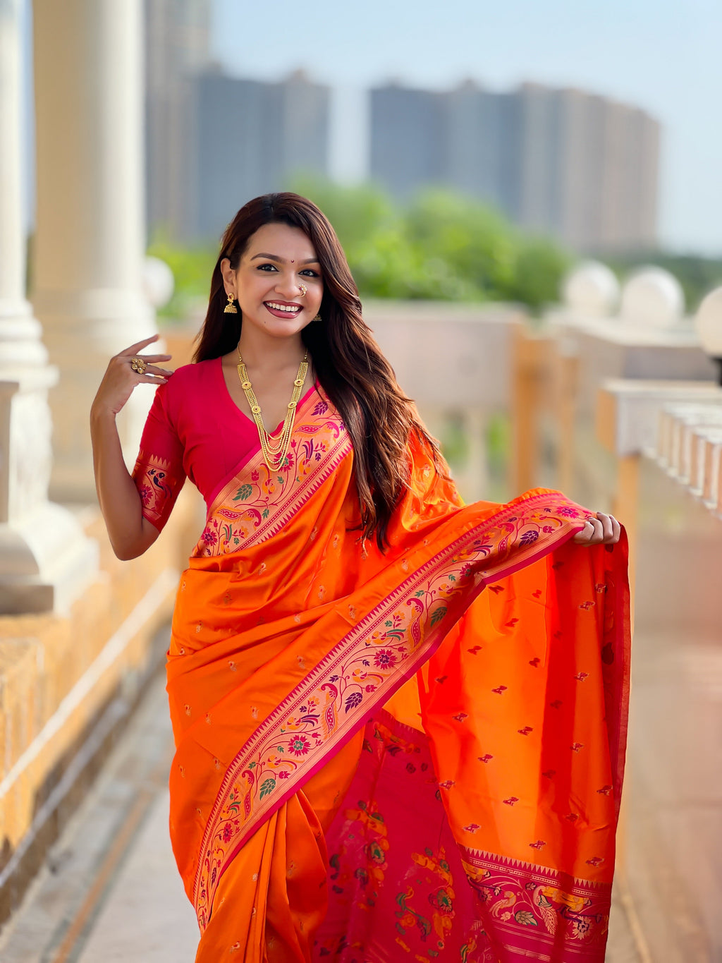 Vedant Vastram Soft Litchi Silk Paithani Jacquard Saree - Orange | Grocsy