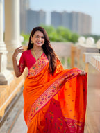 Vedant Vastram Soft Litchi Silk Paithani Jacquard Saree - Orange | Grocsy