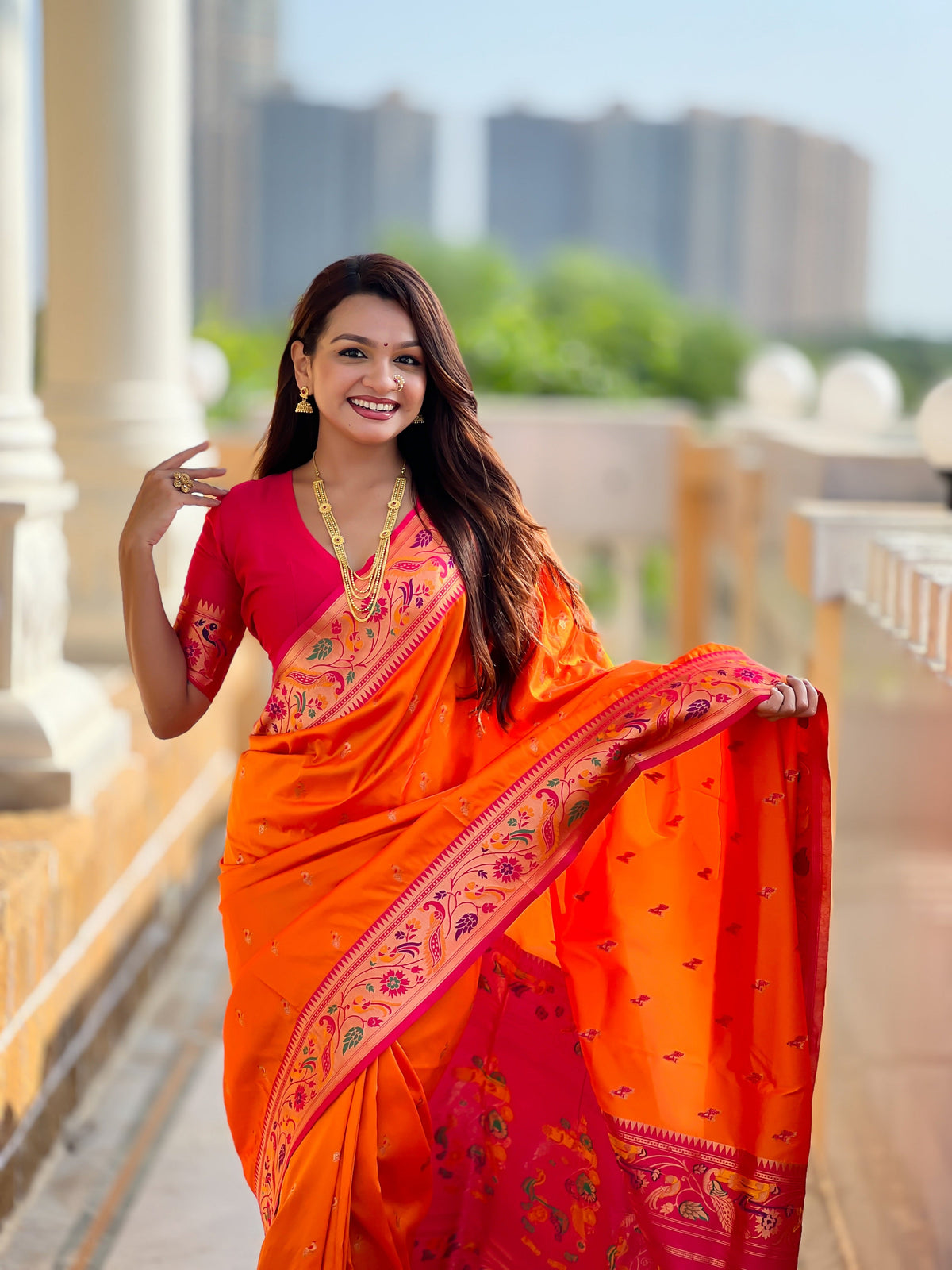 Vedant Vastram Soft Litchi Silk Paithani Jacquard Saree - Orange | Grocsy