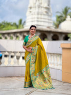 Vedant Vastram Soft Litchi Silk Paithani Jacquard Saree - Olive | Grocsy