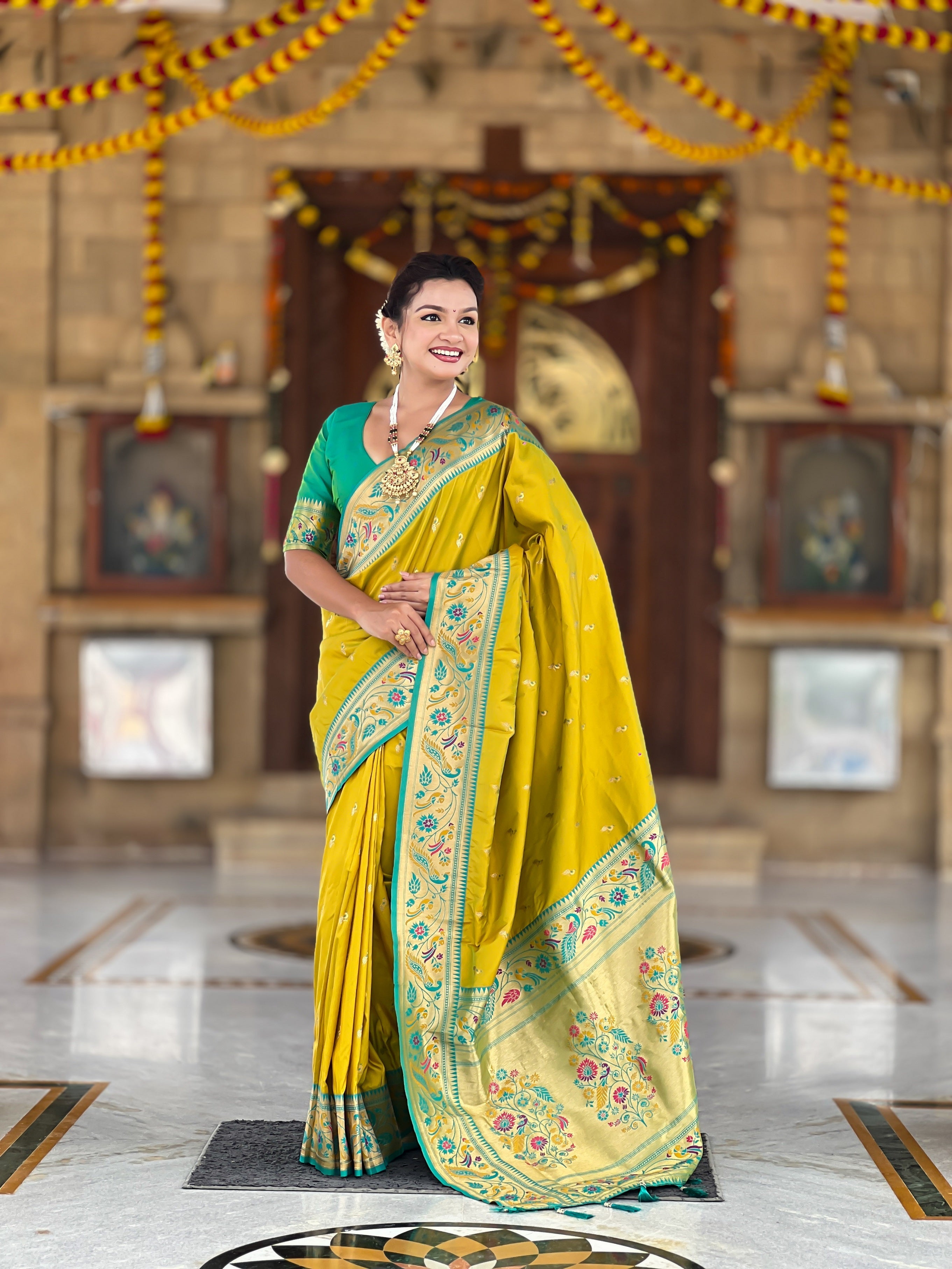 Vedant Vastram Soft Litchi Silk Paithani Jacquard Saree - Olive | Grocsy