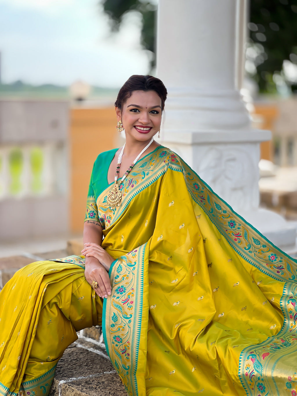 Vedant Vastram Soft Litchi Silk Paithani Jacquard Saree - Olive | Grocsy