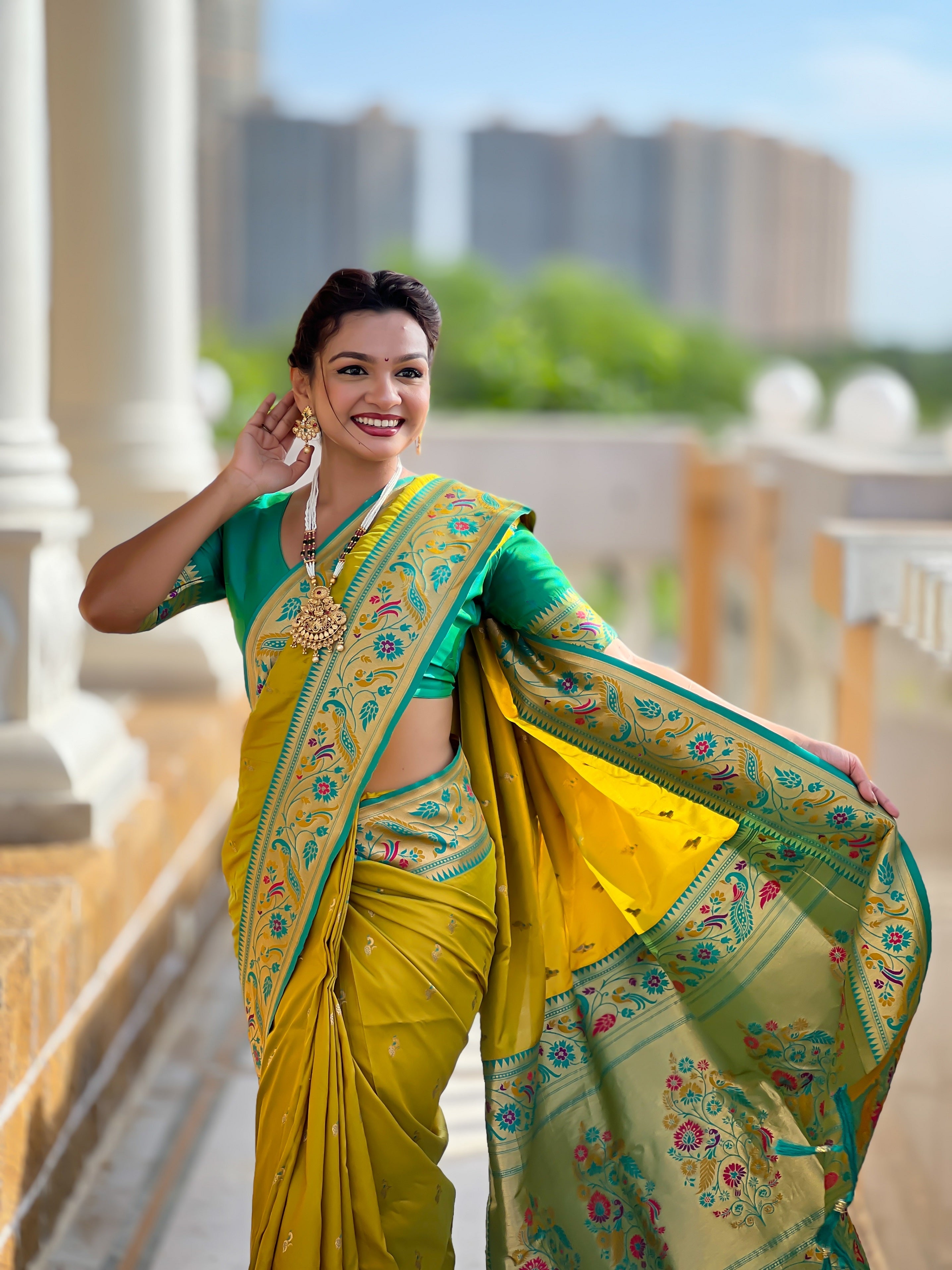 Vedant Vastram Soft Litchi Silk Paithani Jacquard Saree - Olive | Grocsy