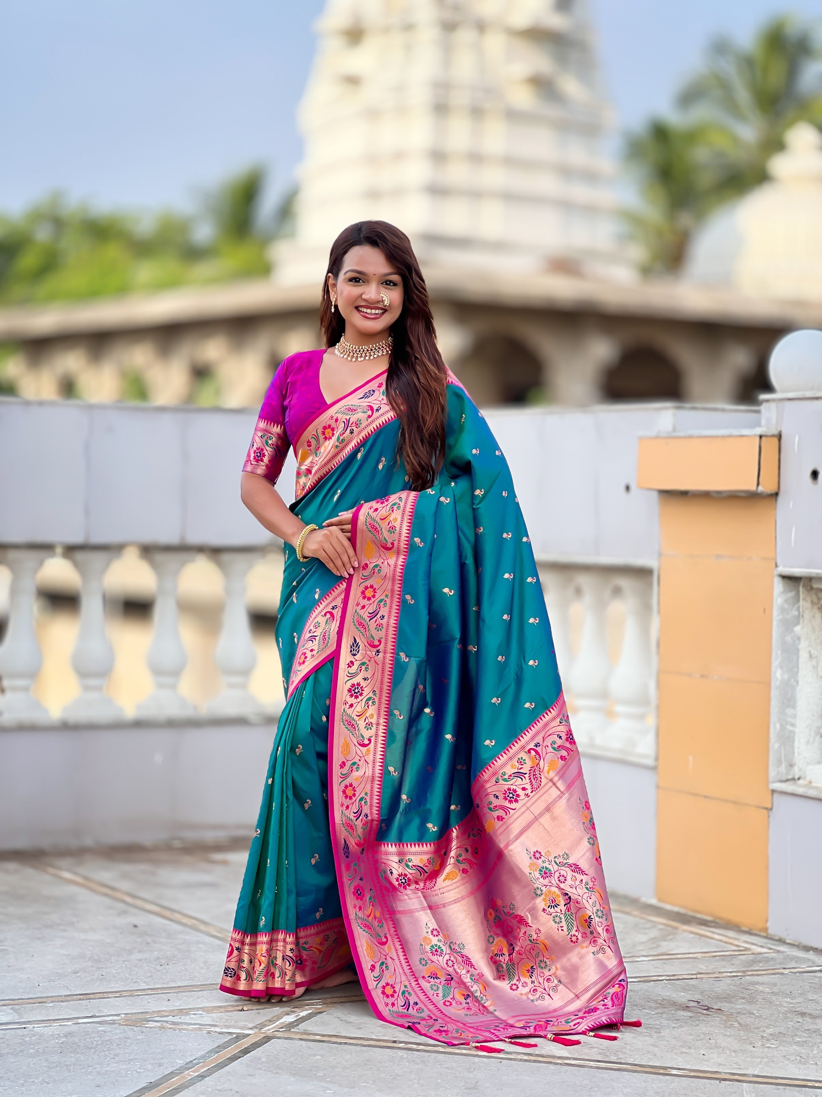 Vedant Vastram Soft Litchi Silk Paithani Jacquard Saree - Rama | Grocsy