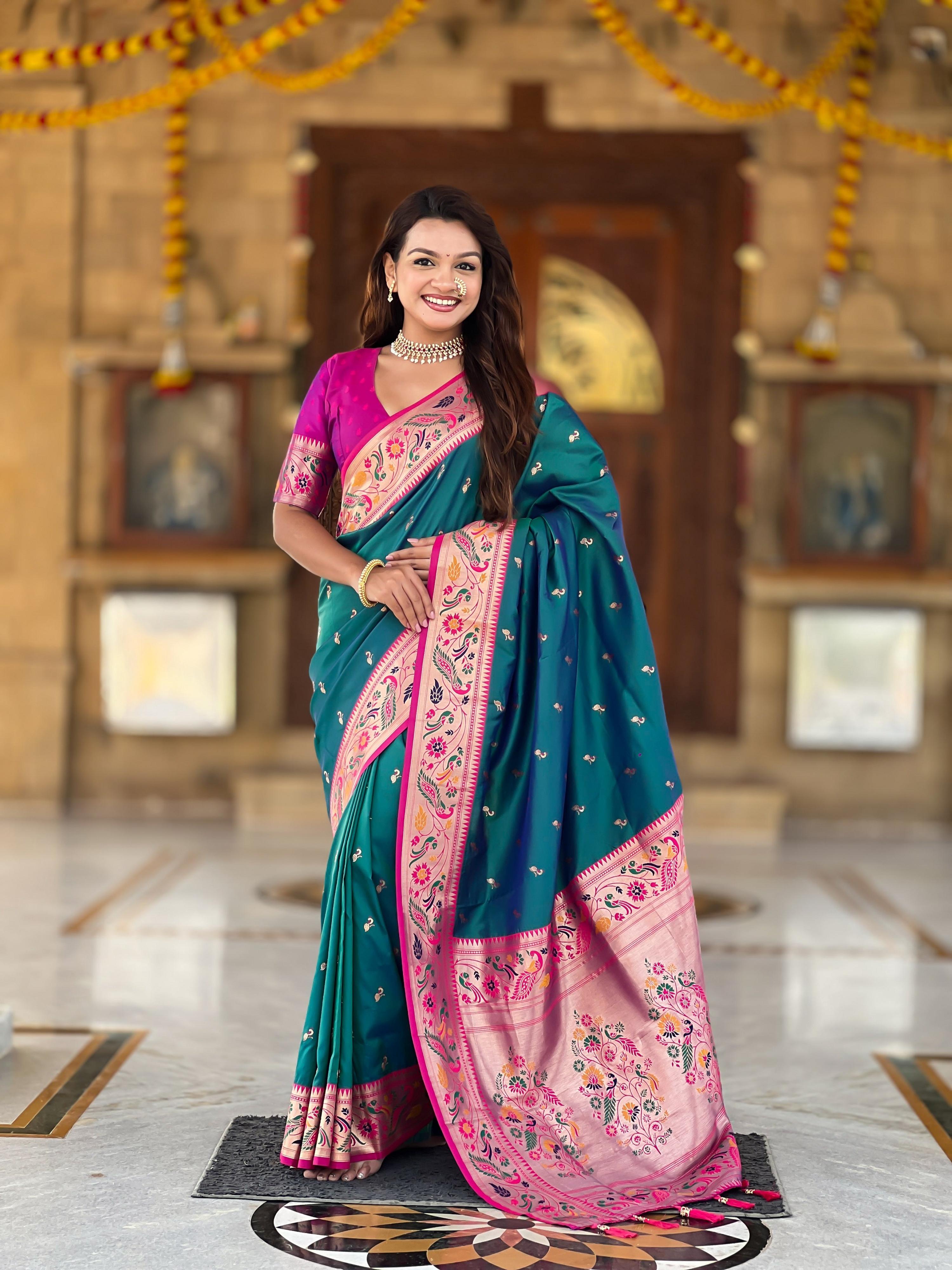 Vedant Vastram Soft Litchi Silk Paithani Jacquard Saree - Rama | Grocsy