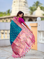 Vedant Vastram Soft Litchi Silk Paithani Jacquard Saree - Rama | Grocsy