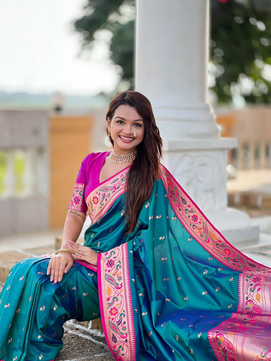 Vedant Vastram Soft Litchi Silk Paithani Jacquard Saree - Rama | Grocsy