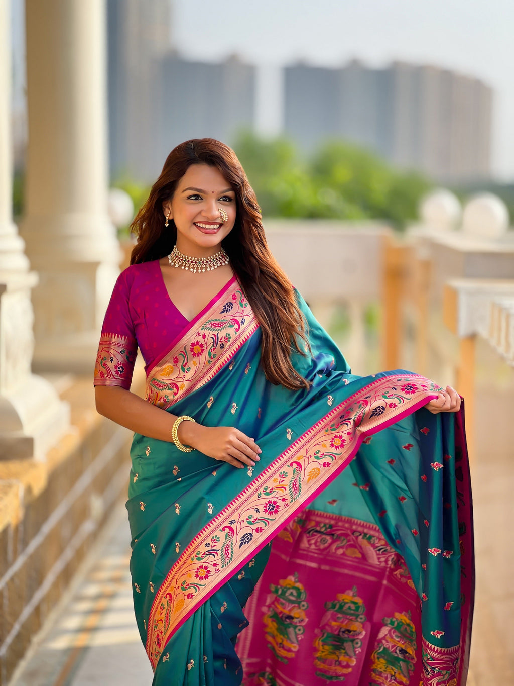 Vedant Vastram Soft Litchi Silk Paithani Jacquard Saree - Rama | Grocsy