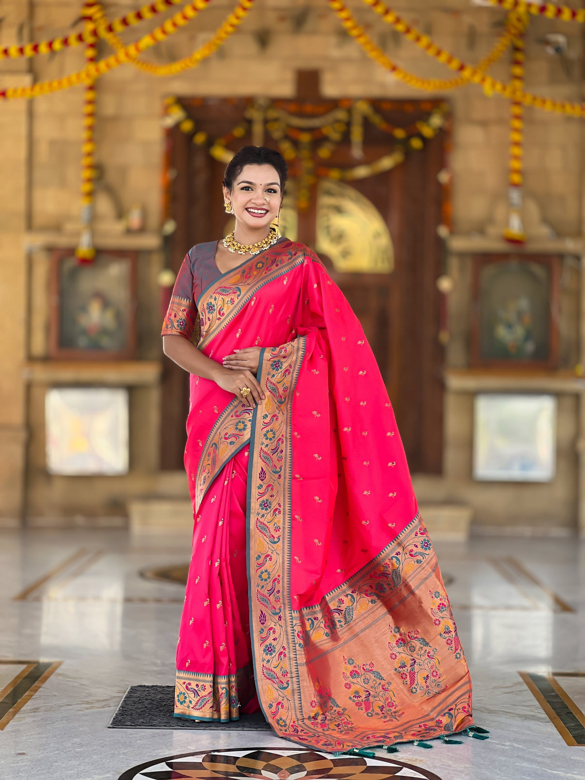 Vedant Vastram Soft Litchi Silk Paithani Jacquard Saree - Pink | Grocsy