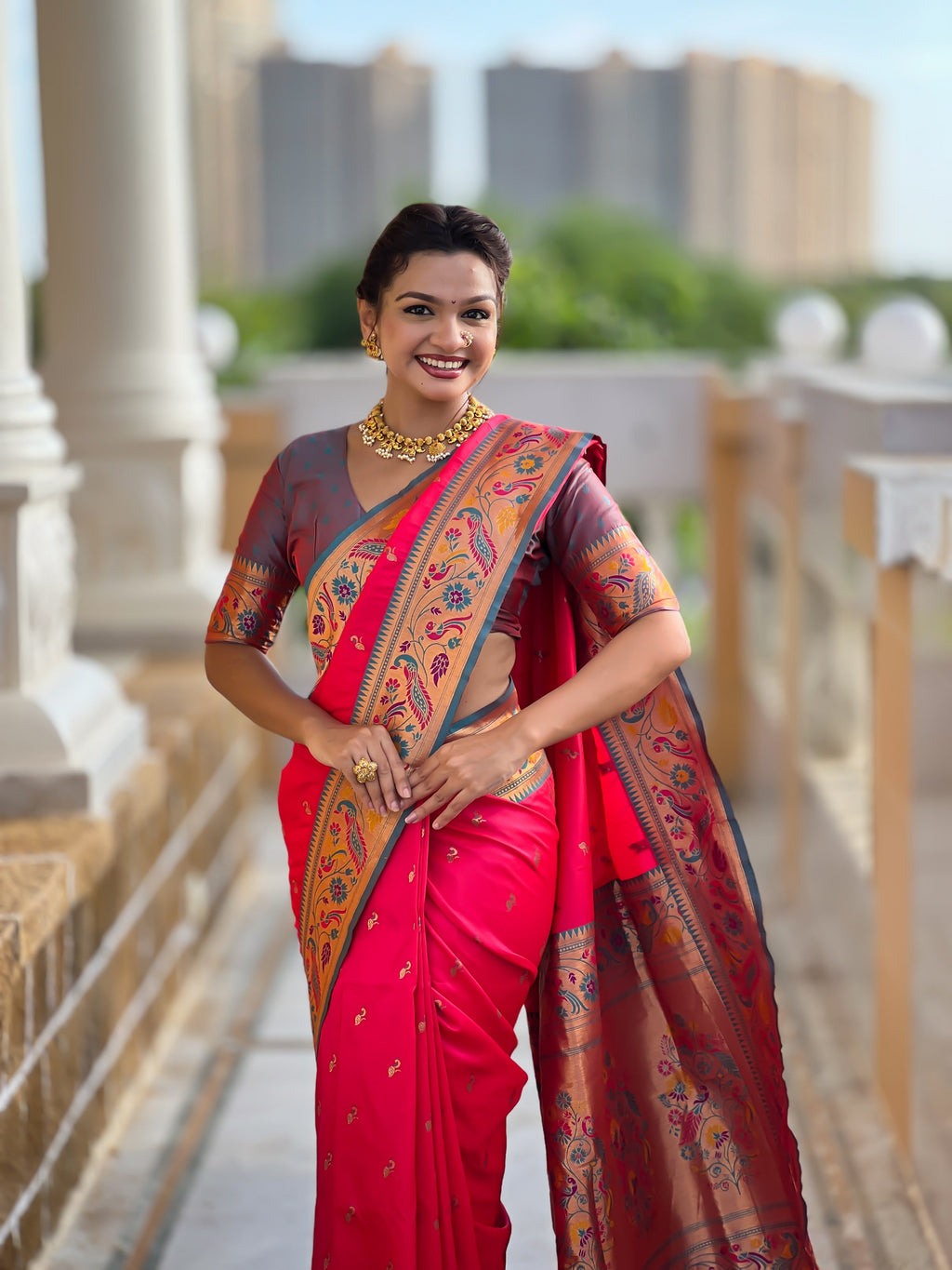 Vedant Vastram Soft Litchi Silk Paithani Jacquard Saree - Pink | Grocsy