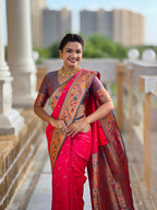 Vedant Vastram Soft Litchi Silk Paithani Jacquard Saree - Pink | Grocsy