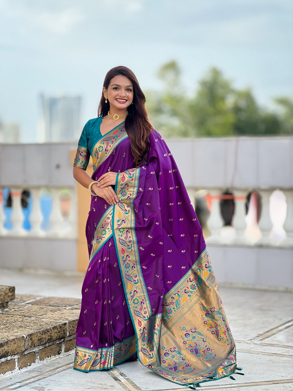 Vedant Vastram Soft Litchi Silk Paithani Jacquard Saree - Violet | Grocsy