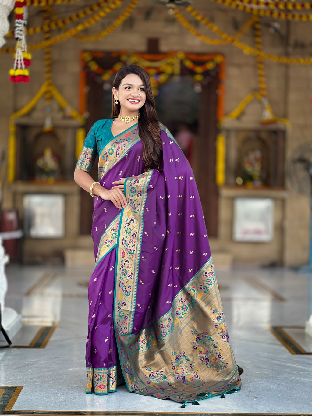 Vedant Vastram Soft Litchi Silk Paithani Jacquard Saree - Violet | Grocsy