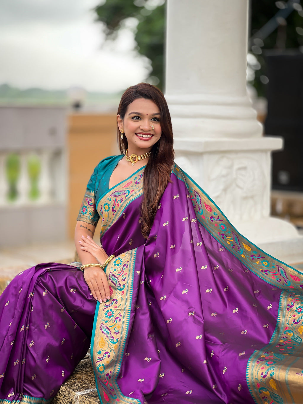 Vedant Vastram Soft Litchi Silk Paithani Jacquard Saree - Violet | Grocsy