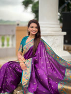 Vedant Vastram Soft Litchi Silk Paithani Jacquard Saree - Violet | Grocsy