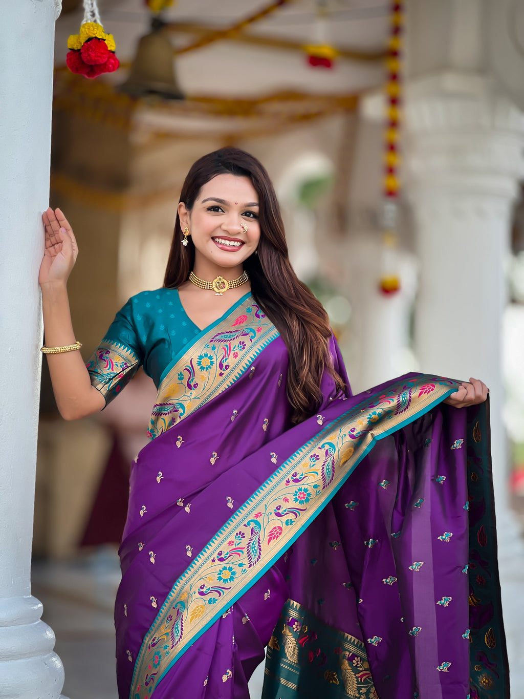 Vedant Vastram Soft Litchi Silk Paithani Jacquard Saree - Violet | Grocsy