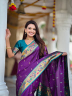 Vedant Vastram Soft Litchi Silk Paithani Jacquard Saree - Violet | Grocsy