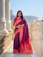 Vedant Vastram Soft Litchi Silk Paithani Jacquard Saree - Wine | Grocsy