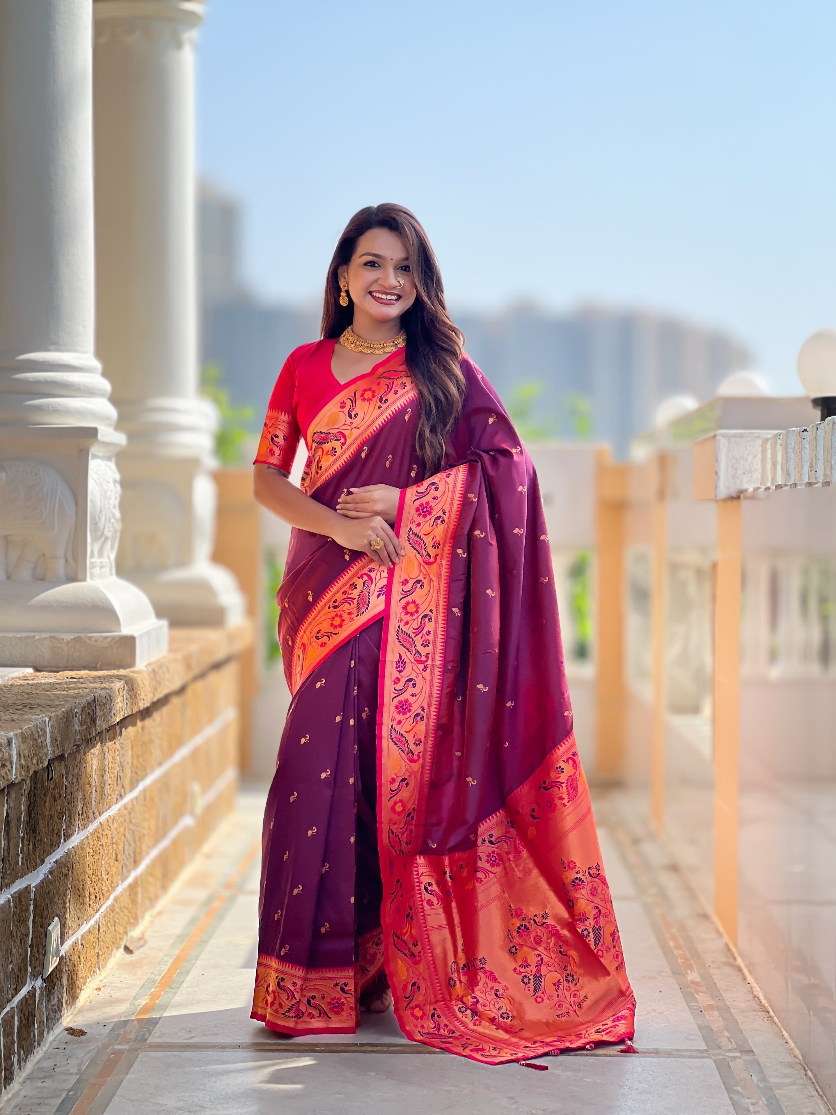 Vedant Vastram Soft Litchi Silk Paithani Jacquard Saree - Wine | Grocsy