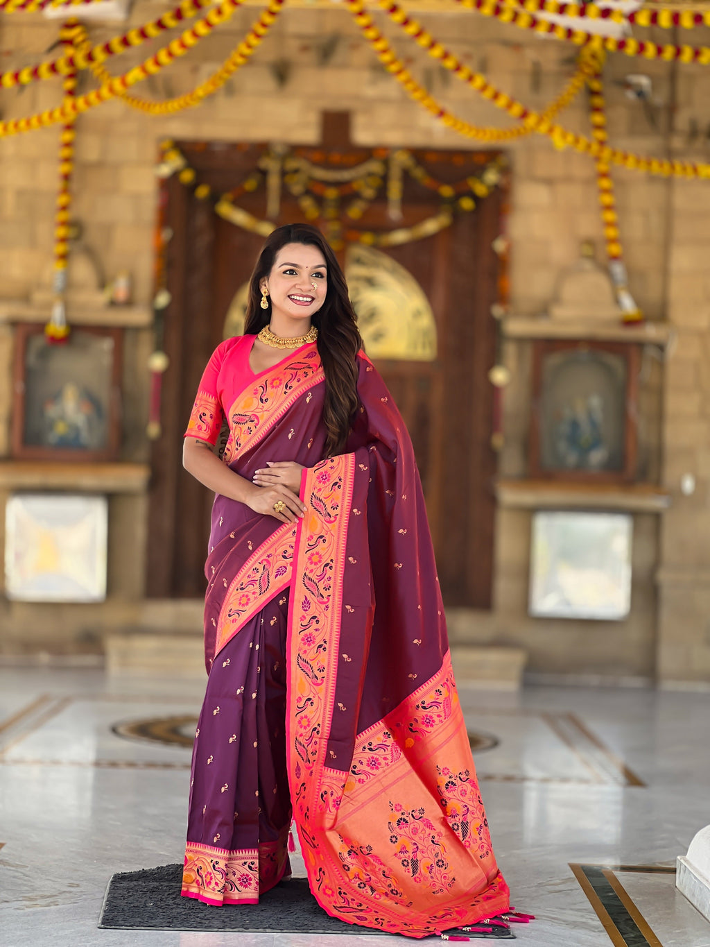 Vedant Vastram Soft Litchi Silk Paithani Jacquard Saree - Wine | Grocsy