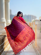 Vedant Vastram Soft Litchi Silk Paithani Jacquard Saree - Wine | Grocsy