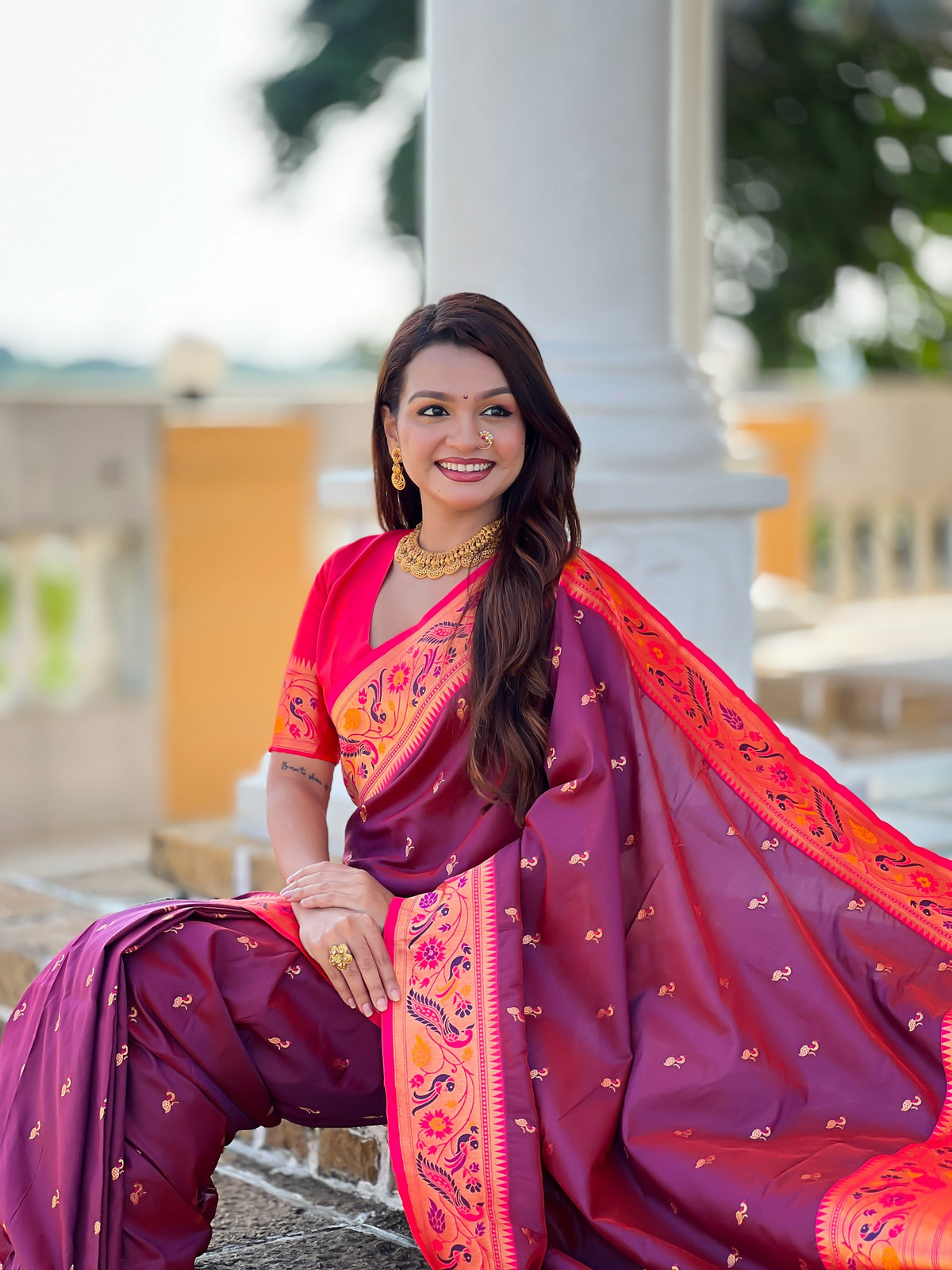 Vedant Vastram Soft Litchi Silk Paithani Jacquard Saree - Wine | Grocsy