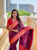 Vedant Vastram Soft Litchi Silk Paithani Jacquard Saree - Wine | Grocsy