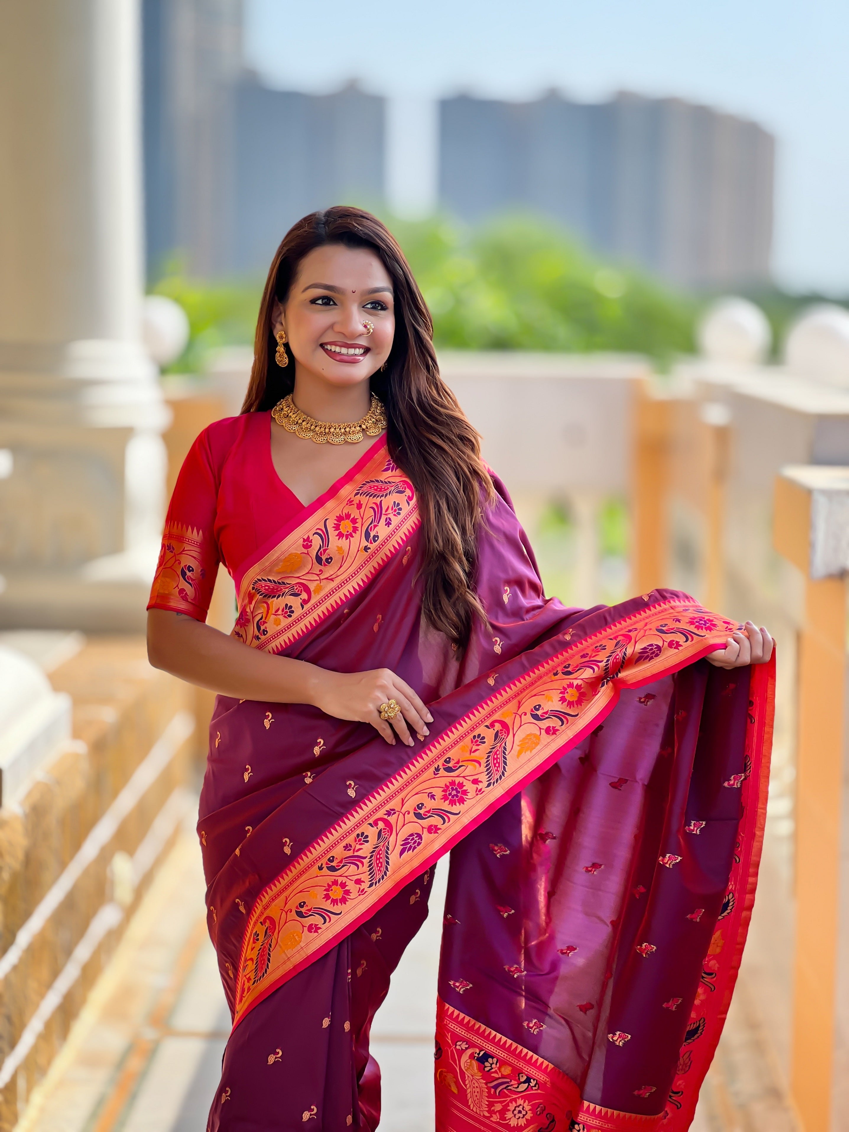 Vedant Vastram Soft Litchi Silk Paithani Jacquard Saree - Wine | Grocsy