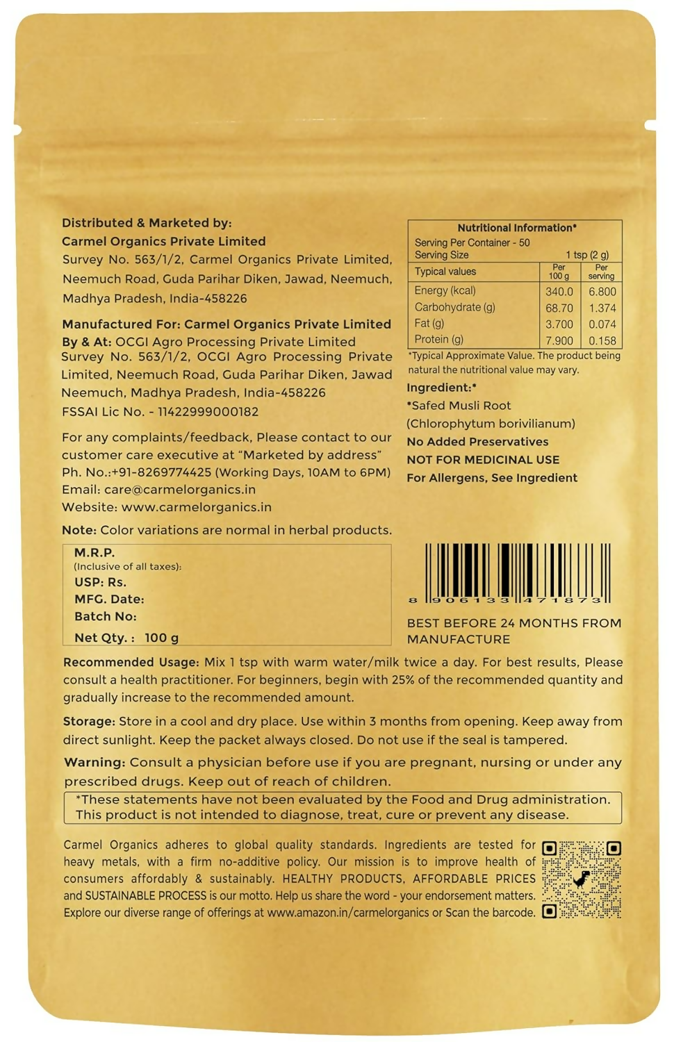 Carmel Organics Safed Musli Root Powder | Grocsy
