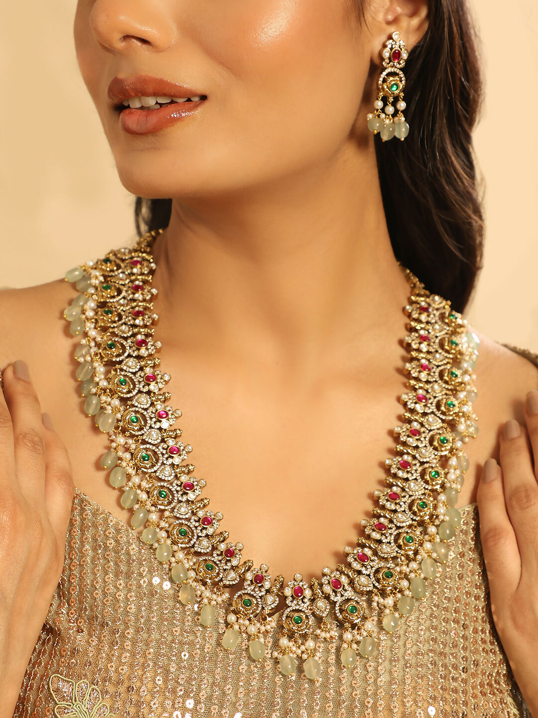 Nuyug 18K Gold Plated Divine Gold Tone Beaded Long Necklace Set | Grocsy
