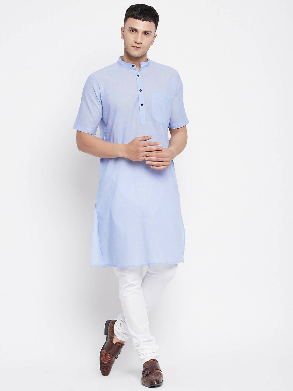 Even Apparels Blue Pure Cotton Men's H/S Kurta With Band Collar | Grocsy