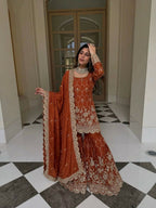 Teeya Creation New Trendy Latest Designer Embroidery Sharara Kurta Set -Orange | Grocsy