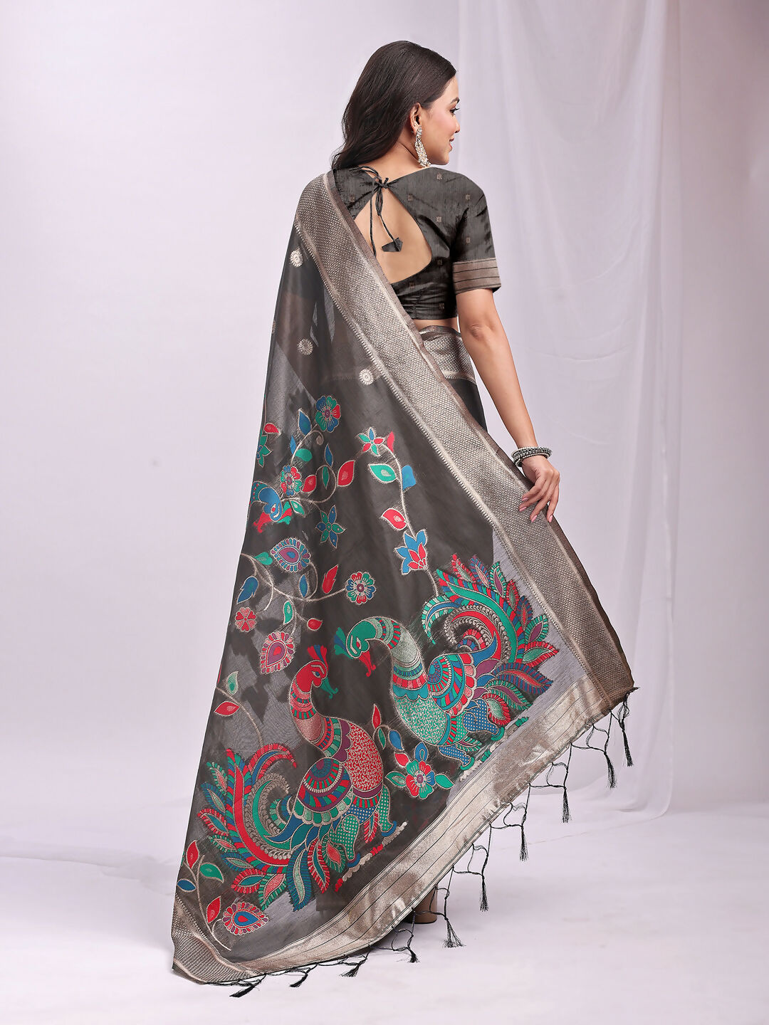 Shree Shyam Fashion Linen Cotton Grey Saree | Grocsy