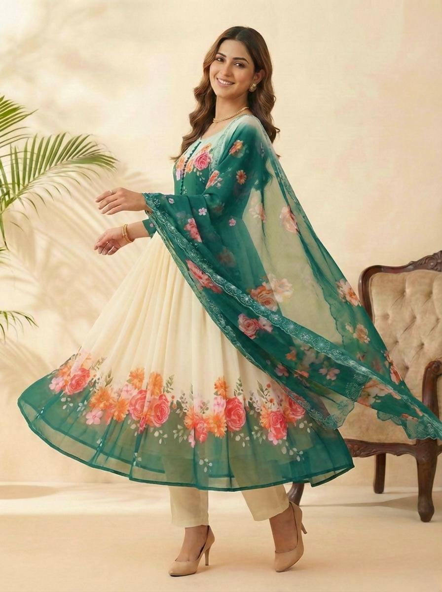 Teeya Creation Womens New Fancy Fox Georgette Heavy Quality Fabric With Handwork Teal Gown Set | Grocsy