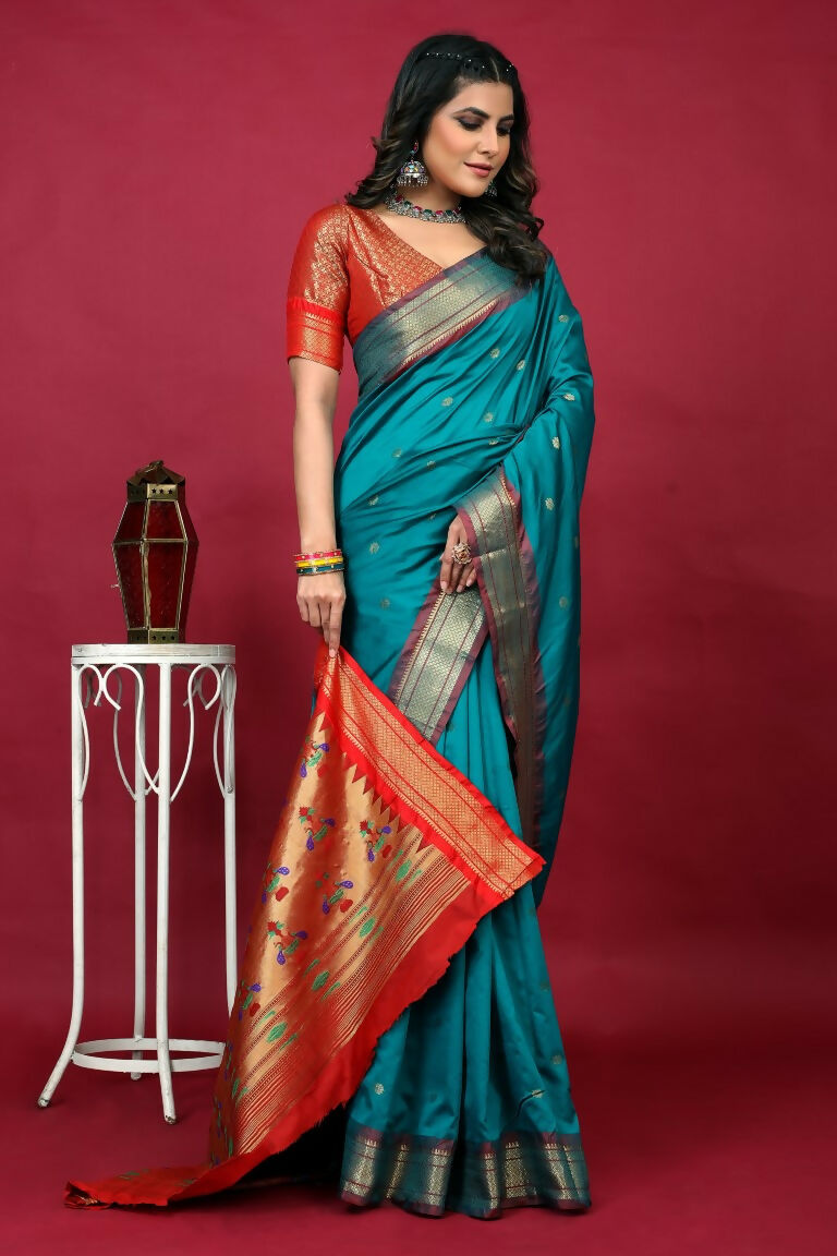 Jyoti Fashion Women's Sky Blue Paithani Silk Zari Woven Saree with Blouse | Grocsy